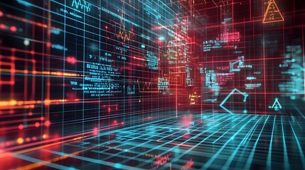 Abstract Digital Space with Glowing Grid and Data