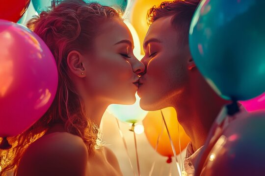 A playful close-up of a couple kissing, locked in a fun lip-lock while surrounded by floating balloons. The vibrant colors of the balloons create a festive and lively backdrop