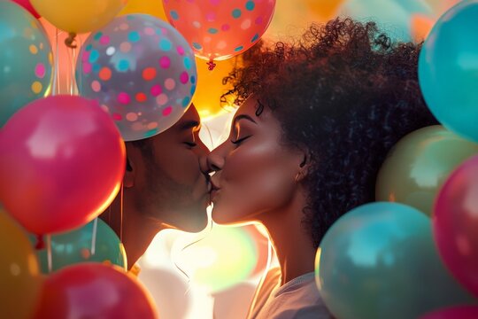 A playful close-up of a couple kissing, locked in a fun lip-lock while surrounded by floating balloons. The vibrant colors of the balloons create a festive and lively backdrop