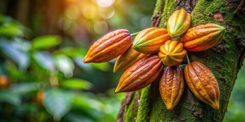 Close-up of cocoa flowers growing on a tree trunk, macro shot, cacao, cocoa, flowers, tree, close-up, growing