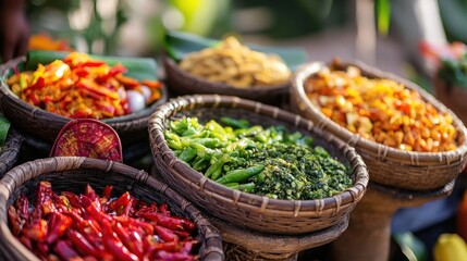 Fototapeta premium A row of six woven baskets containing various vibrant red, yellow, and green chili peppers, chopped green chilies, dried chili peppers, and green chili paste.