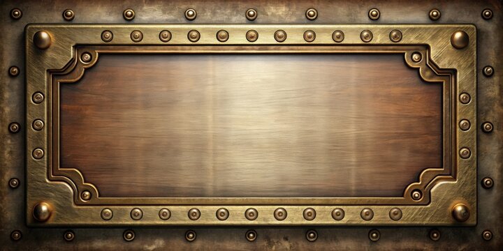 Empty metal plate with brass border in steampunk style, metal, plate, brass, border, steampunk, style, , clipping path