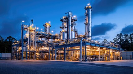 Obraz premium Industrial Facility at Dusk with Illuminated Structures