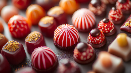 Fototapeta premium A close-up image of a variety of gourmet chocolate candies with red and white glazes, showcasing intricate patterns and textures.