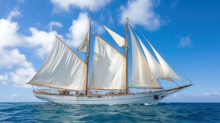 A classic wooden sailing ship with white sails glides across the clear blue ocean under a bright blue sky with puffy white clouds.