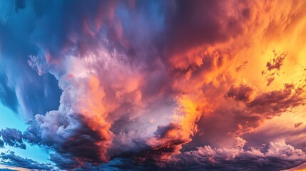 Dramatic sky with vibrant colors of red, orange, pink, and blue clouds at sunset.