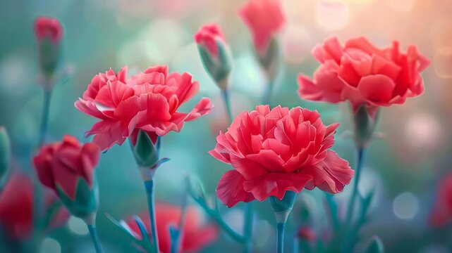 Close-up of vibrant red carnations against a soft bokeh background, capturing the beauty and delicacy of the flowers.