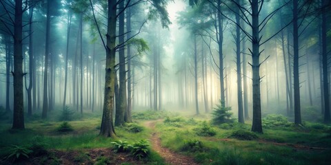 Obraz premium Foggy forest in a misty day, creating a spooky and eerie atmosphere, foggy, forest, misty, spooky, woods, cold, morning, horror
