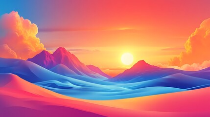Vibrant Sunset Over a Mountainous Landscape with Clouds
