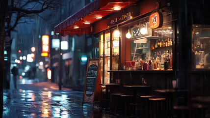 Lofi anime rainy restaurant. Night ramen restaurant animation. japanese street food. seamless looping time-lapse virtual 4k video animation background