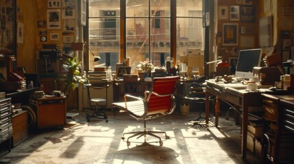 Naklejka premium A Sunlit Room with an Office Chair and a View of a Cityscape