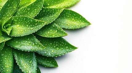 Obraz premium Close-up of succulent plant leaves with water droplets on a white background.