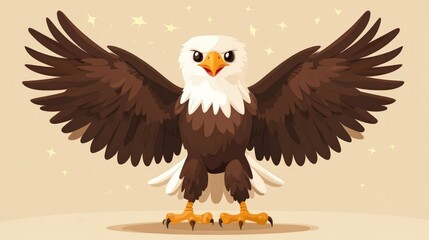 Naklejka premium Cartoon eagle with wings spread wide, standing on a light brown background.