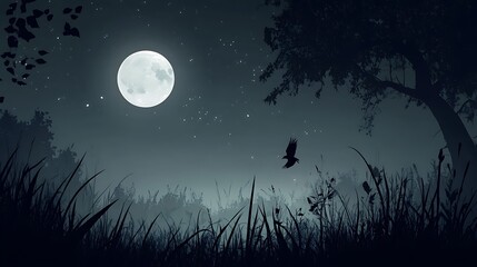 Silhouette of a Bird Flying in the Night with Full Moon and Stars