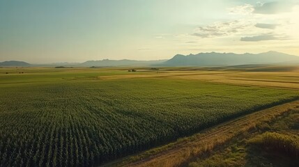 Fototapeta premium A panoramic aerial view of a vast cornfield with rolling hills in the background, during a sunset.