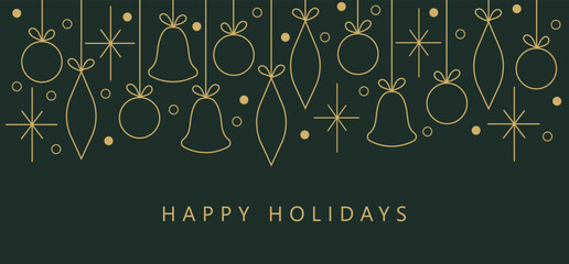 Happy New Year and Merry Christmas holiday cards. Universal artistic templates. Minimalistic vector design with gift boxes, bells, snowflakes and Christmas tree decorations