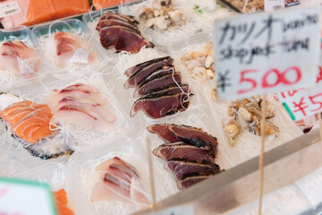 Fresh sashimi for sale at Tsukiji Outer Market, Tokyo, Japan