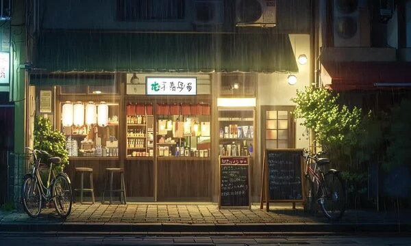 Lofi anime rainy restaurant. Night ramen restaurant animation. japanese street food. seamless looping time-lapse virtual 4k video animation background.