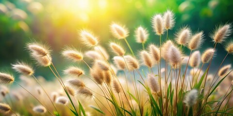 Obraz premium Wild fluffy grass with a blurred abstract nature background, forest, fluffy grass, wild, nature, abstract, green, foliage