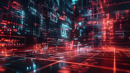 Abstract digital cityscape with red and blue glowing lines