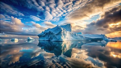 Iceberg floating in arctic waters with dramatic sky and reflection on surface , iceberg, arctic, water, sky, reflection