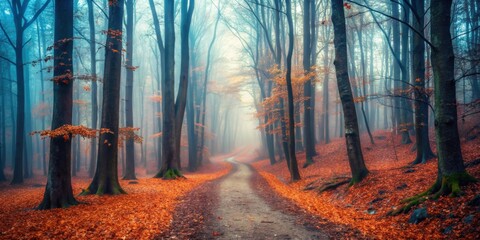 Mysterious dark trails winding through a foggy forest on an autumn day, forest, trail, fog, dark, autumn, mysterious