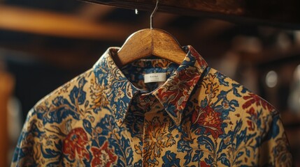 Naklejka premium Colorful Floral Pattern Shirt on Wooden Hanger