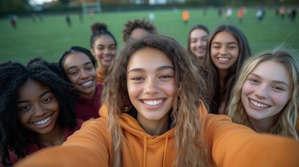Obraz premium A group of multiethnic friends taking a selfie at the football field, smiling and looking into the camera