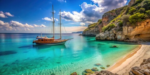 Obraz premium Sailing ship anchored in turquoise bay with sandy beach and rocky cliff in the background, Sailing ship, bay, beach, cliff, ocean