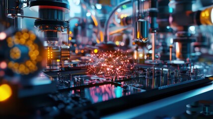 Quantum processor visualization, intricate atomic networks, futuristic lab setting, bright neon lighting, advanced technology