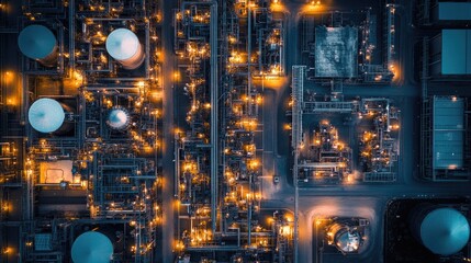 Aerial View of Oil Refinery at Night