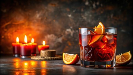 Vibrant Negroni cocktail with orange slice on dark backdrop with candlelight , Negroni, cocktail, drink, vibrant, orange, slice
