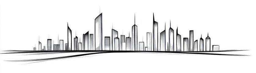 Obraz premium Conceptual cityscape sketch, futuristic skyscrapers, monochromatic, pencil lines, minimalist layout