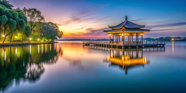 Aerial Long Exposure of Lake Pavilion at Jinji Lake, Suzhou City - Tranquil Water Reflections and City Lights