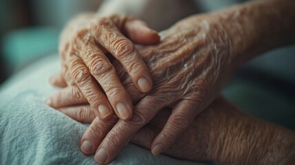 Fototapeta premium Close-up of hands holding each other, with an elderly person gently putting their hand on the wrist and palm of another individual in a care or medical setting.