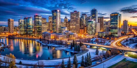 Fototapeta premium Aerial Night View of Calgary's Downtown Skyline with Illuminated Buildings and City Lights
