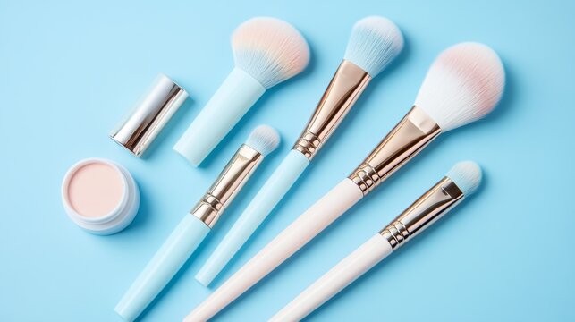 Beautiful makeup brushes and tools arranged on a soft pastel blue background for makeup enthusiasts and artists