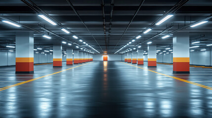 Fototapeta premium Modern underground parking lot with a white painted floor, LED lighting
