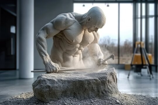 Personal mastery: human sculpture emerging from stone, illustrating journey of self creation through dedication, effort, emphasizing transformative power of shaping one own identity.