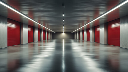 Modern underground parking lot with a white painted floor, LED lighting