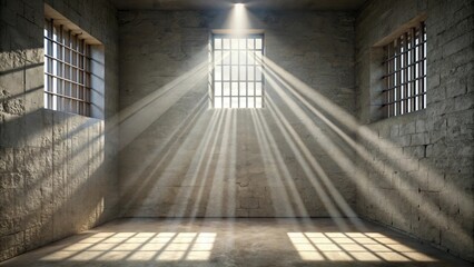 Obraz premium Abandoned prison cell with sunlight shining through window illuminating tally marks on the wall , abandoned, prison, cell, sunlight