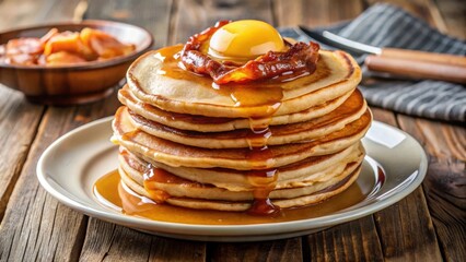 Pancakes, bacon, and eggs covered in maple syrup on a breakfast plate displayed on a table, breakfast, food, delicious, morning