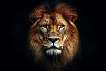 Fototapeta premium A stunning, hyper-realistic image of a lion gazing directly into the camera, its regal mane softly glowing against a black background.