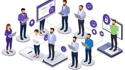 A group of people are connected in a network. They are using laptops and desktops to communicate with each other.