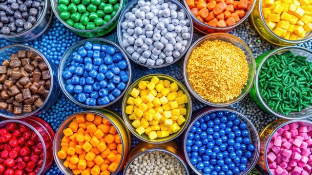Colorful plastic granules top view, HDPE resin pellets, PVC masterbatch polymer, render , plastic, granules, polypropylene