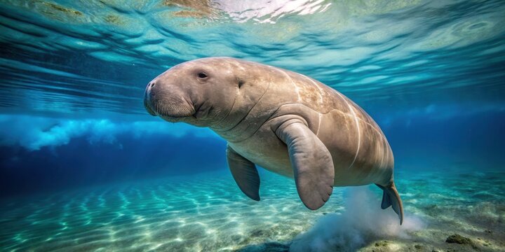 Calm dugong swimming near the ocean surface, marine animal, sea mammal, dugong, cute, rare, ocean, underwater, peaceful