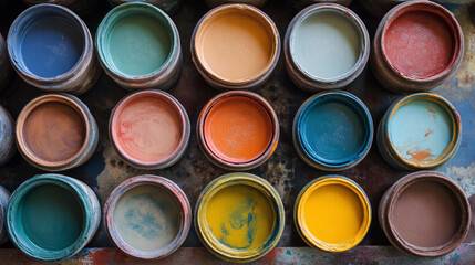 Fototapeta premium front, horizontal view,an array of paint pots