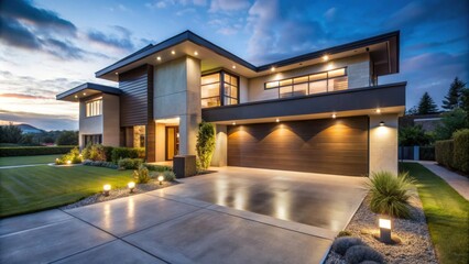 Modern house exterior lighting illuminating concrete driveway and lawning at night , modern, house, exterior