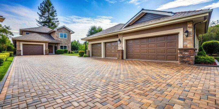 Driveway with brick pavers and garage in the background , brick, pavers, driveway, garage, home, exterior