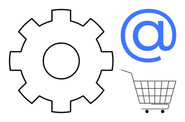 Gear, email symbol, and shopping cart illustrate technology, communication, and shopping. Ideal for online business, digital marketing, e-commerce systems, tech services, and modern retail. Simple